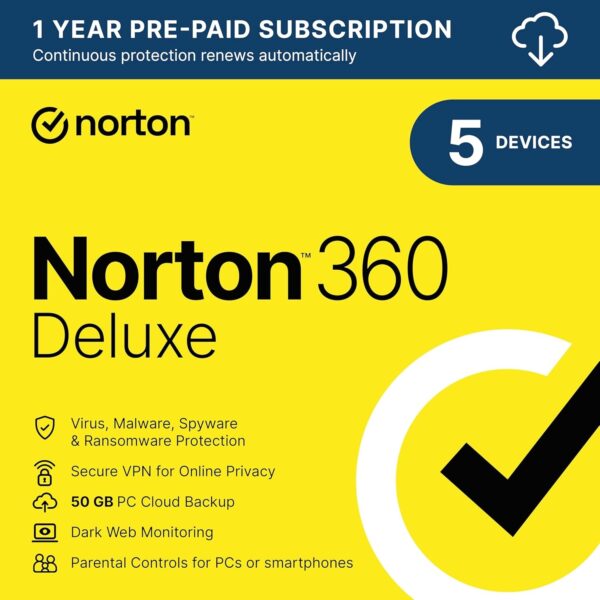 Norton 360 Deluxe 2024, Antivirus software for 5 Devices and 1-year subscription with automatic renewal, Includes Secure VPN and Password Manager, PC/Mac/iOS/Android, Activation Code by email