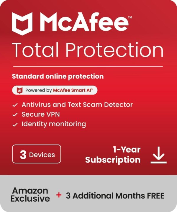 McAfee Total Protection 3-Device 2025 |15-Months |Antivirus, Secure VPN |Includes Security Software, Password Manager, Identity Monitoring | Digital download