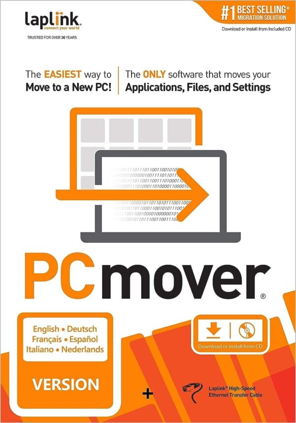 Laplink PCmover Professional 11 - Easily Transfer Files to New Computer - Efficient Migration of Applications from Old PC to a New PC - Data Transfer Software, With Optional Ethernet Cable - 1 License