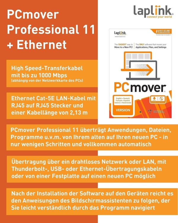 Laplink PCmover Professional 11 - Easily Transfer Files to New Computer - Efficient Migration of Applications from Old PC to a New PC - Data Transfer Software, With Optional Ethernet Cable - 1 License - Image 2