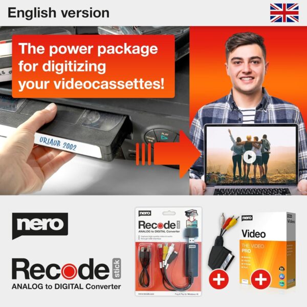 Nero VHS to USB Video Grabber Recode Stick incl. video editing software | video editing | digitising video cassettes | Windows 11 / 10 / 8