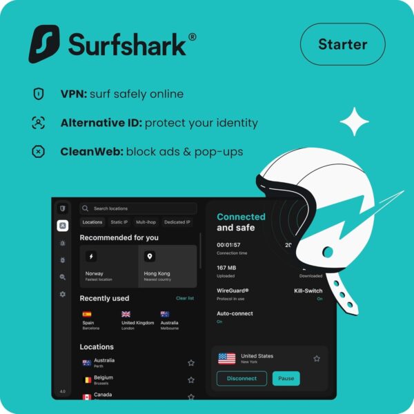 Surfshark Starter | VPN, Alternative ID, CleanWeb | Windows/Mac/Linux/Androis/iOS | Starter | 12 Months | Activation Code by email