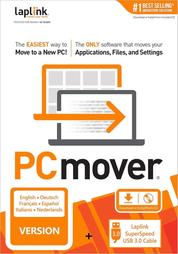 Laplink PCmover Professional 11 - Migration of your Applications, Files and Settings from an Old PC to a New PC - Data Transfer Software - Optional Ultra-High-Speed USB 3.0 Transfer Cable - 1 License