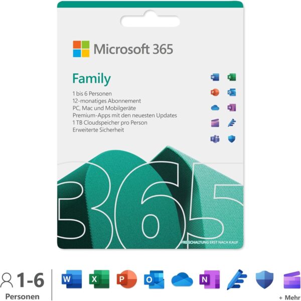 Microsoft 365 Family | 12 Months, Up to 6 Users | Word, Excel, PowerPoint | 1TB OneDrive Cloud Storage | PCs/Macs & Mobile Devices | Box